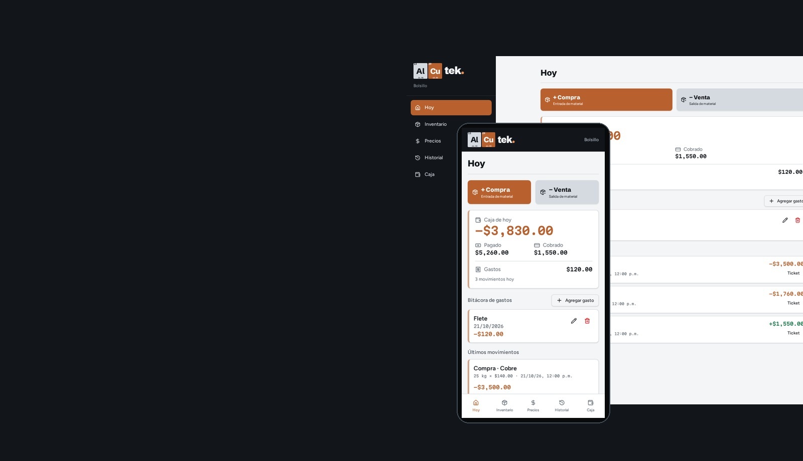 Alcutek en computadora y celular: compras, caja e inventario con datos de ejemplo